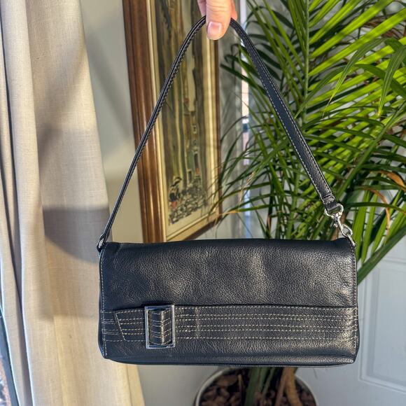 🖤 AURIELLE Vintage Y2K Black Leather Shoulder Bag w/ Contrast Stitching Buckle - Picture 1 of 4